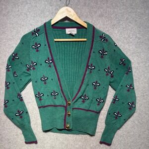 Covers Vintage Green Fleur De Lis Cardigan Sweater Ramie Cotton Petite P